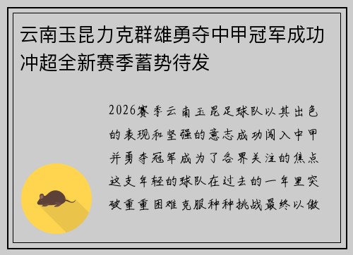 云南玉昆力克群雄勇夺中甲冠军成功冲超全新赛季蓄势待发 云南玉昆力克群雄勇夺中甲冠军成功冲超全新赛季蓄势待发